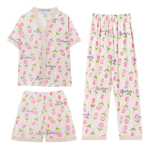 Set De Pijama De 3 Piezas Kawai Fresca Y Ligera Con Estilo Rosa Xxxl