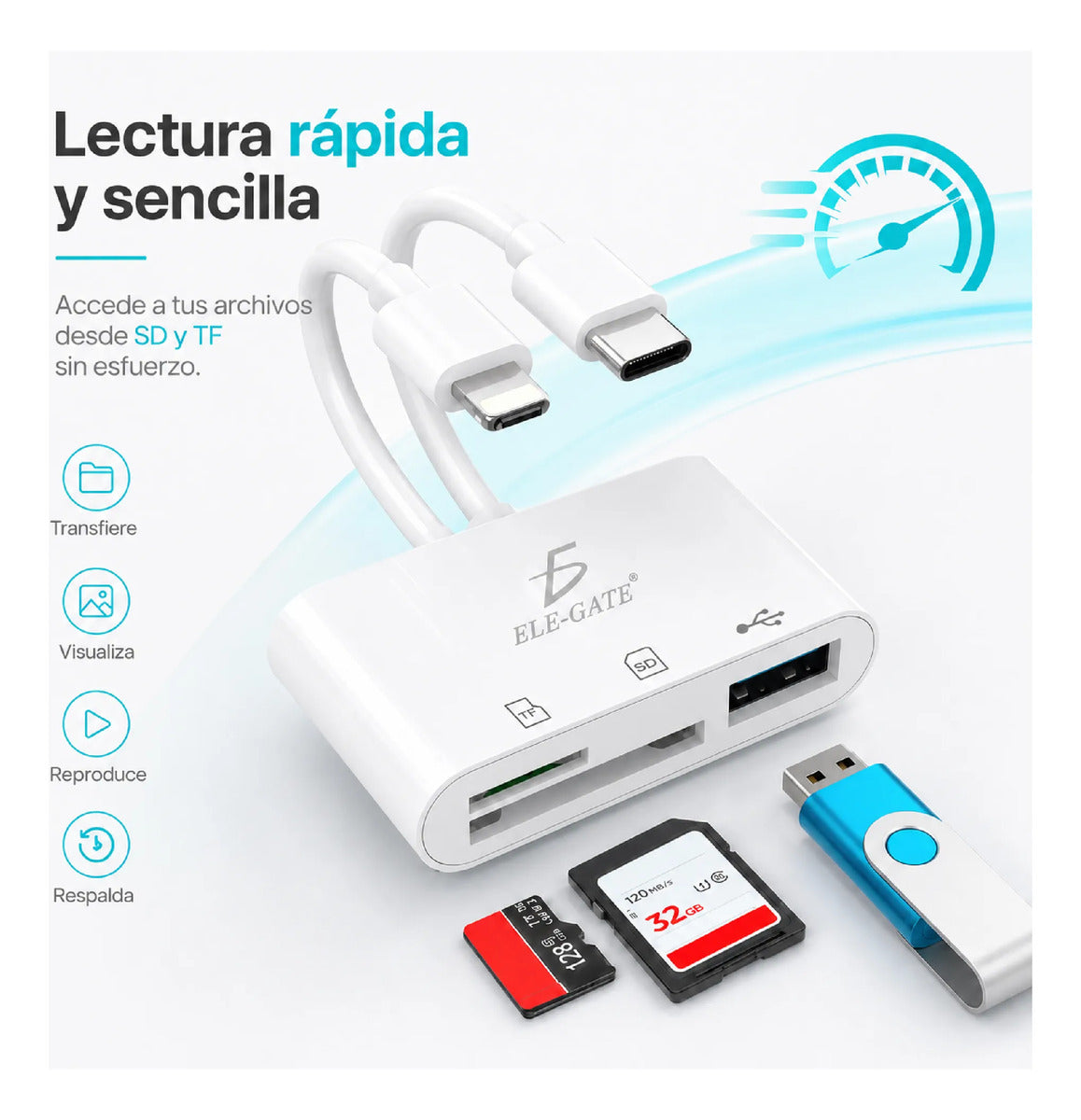 Lector de tarjetas SD y TF con USB-C y para Lightning