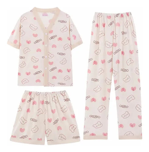 Set De Pijama De 3 Piezas Kawai Fresca Y Ligera Con Estilo Crema Xl
