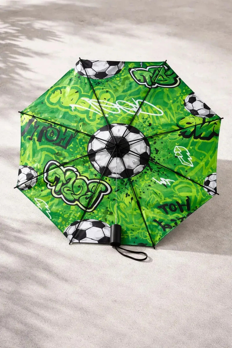 Paraguas Plegable Ele-gate Verde De Fútbol Con Diseño Graffiti Y Protección Uv Balón