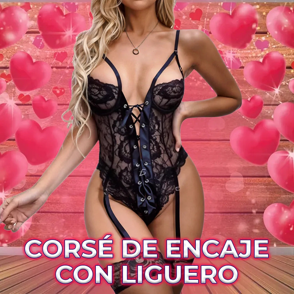 Corsé negro de encaje con liguero y medias talla xl negro XL