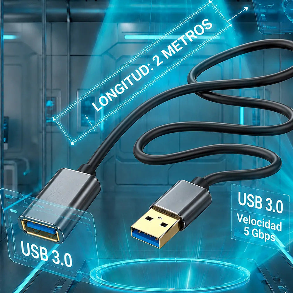 Cable Extensión Usb 3.0 Macho A Hembra 2 M 5 Gbps Negro Con Carcasas Metálicas
