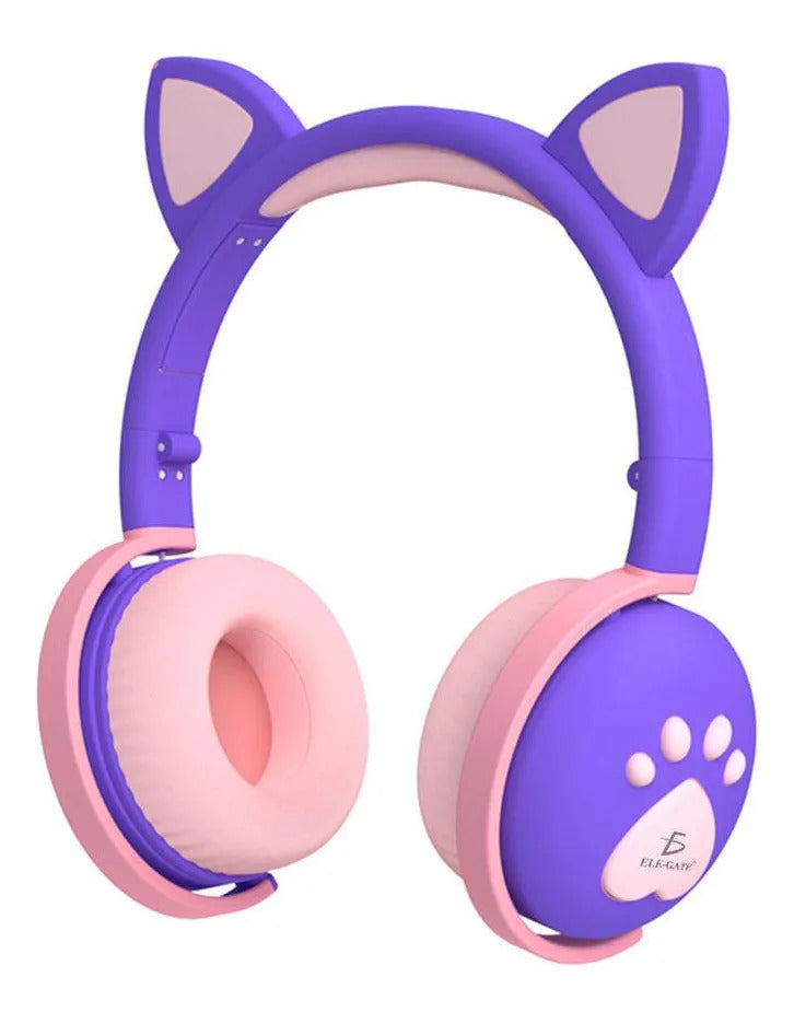 Audifonos Inalambricos Bluetooth Diadema Led Gato Microfono Violeta