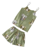 Pijama sexy de satén con estampado de elefantes para mujer verde musgo L