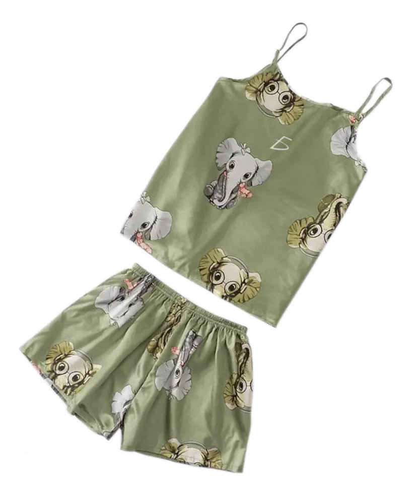 Pijama sexy de satén con estampado de elefantes para mujer verde musgo L