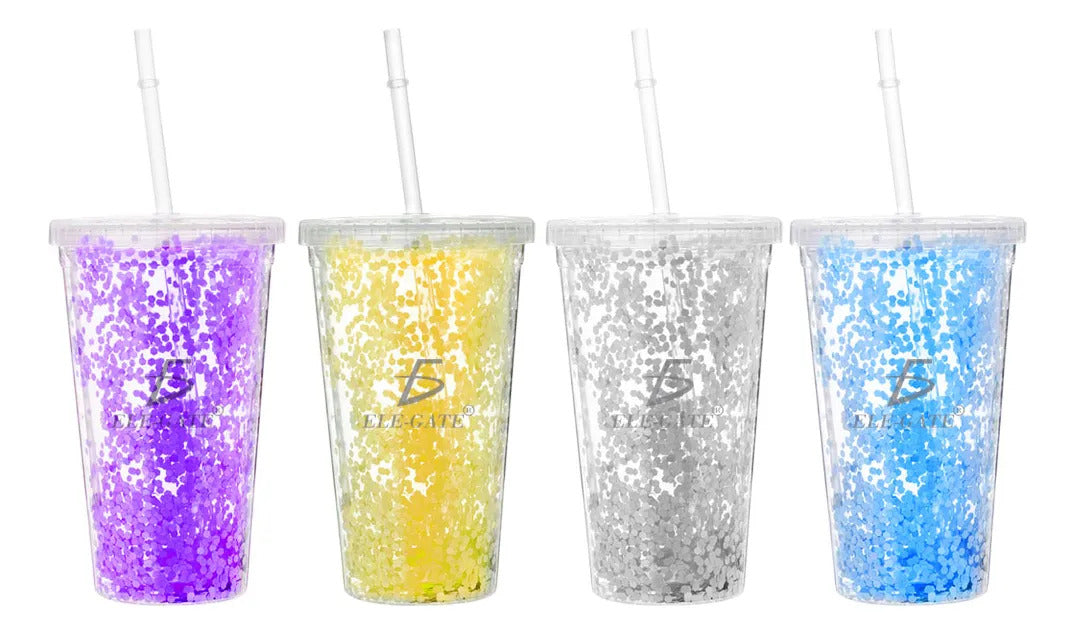 Vaso termo acrilico glitter tornasol 420 ml con popote