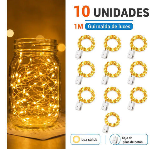 10 Guirnaldas De Luces Led 1 Metro Luz Cálida Con Caja Para Dorado