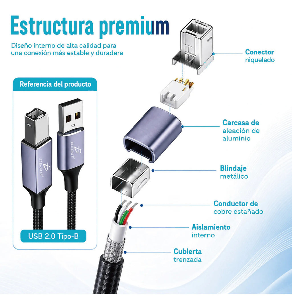 Cable Usb Tipo-b 2.0 De 2m Trenzado Para Impresora Escáner
