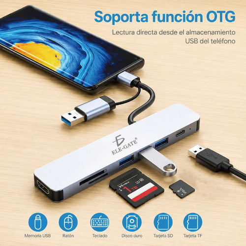 Hub Usb-c 7 En 1 Con Hdmi 4k Usb 3.0 Pd 100w Sd Tf Y Doble
