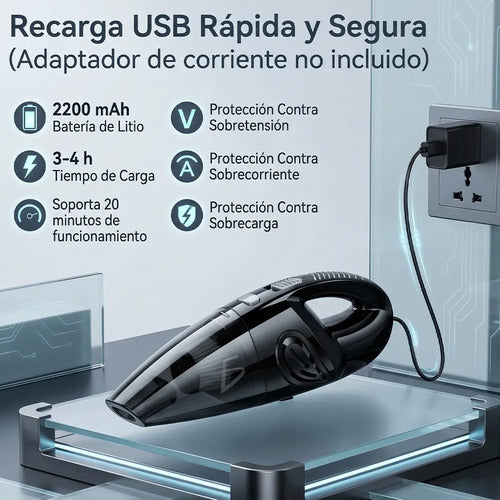 Mini Aspiradora Portátil Recargable Usb 120w Con Filtro Hepa Negro