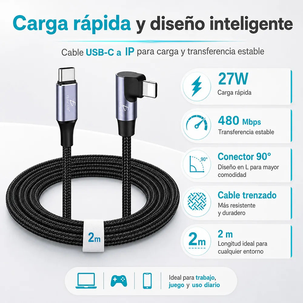 Cable Usb-c A Ip 90 De 2m Con Carga Rápida 27w