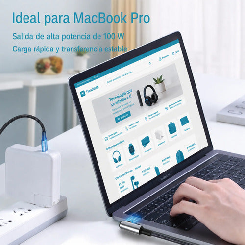 Cable Usb-c A Usb-c Ángulo 90 De 2m Carga Rápida 100 W Negro Con Conectores Metálicos En Tono Plateado/lila