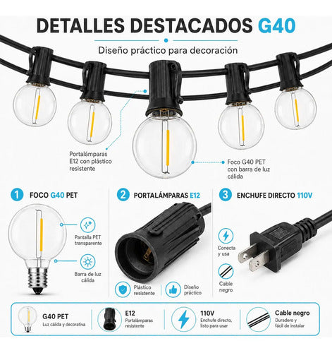Guirnalda G40 De 7.5 M Con 10 Focos Luz Cálida Fija Y Negro