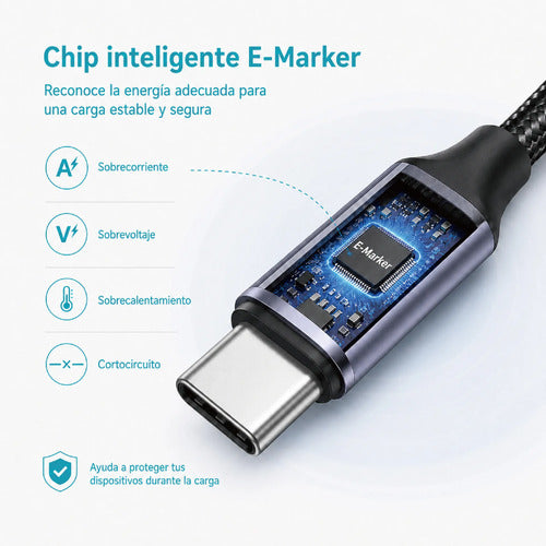 Cable Usb-c A Usb-c Ángulo 90 De 2m Carga Rápida 100 W Negro Con Conectores Metálicos En Tono Plateado/lila