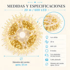 Serie de luces LED cálidas de 20 m con 600 LED y 8 modos plateado