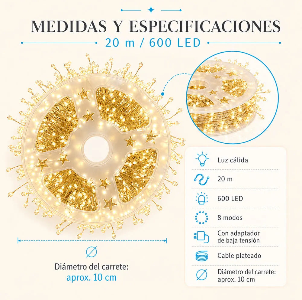 Serie de luces LED cálidas de 20 m con 600 LED y 8 modos plateado