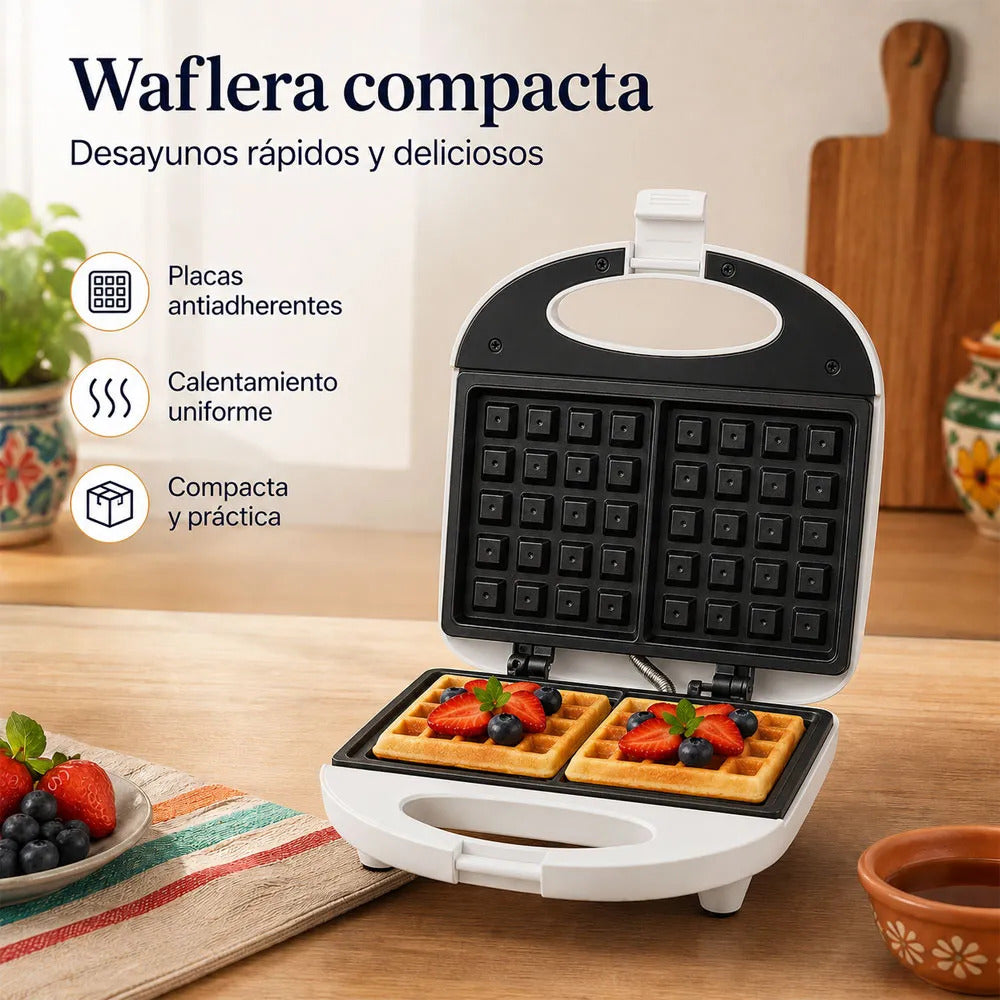Waflera eléctrica compacta 800W antiadherente desayunos