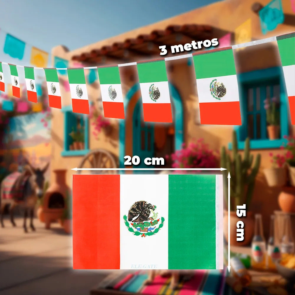 Cadena De Banderas De México 3 Metros 10 Banderas De Tela
