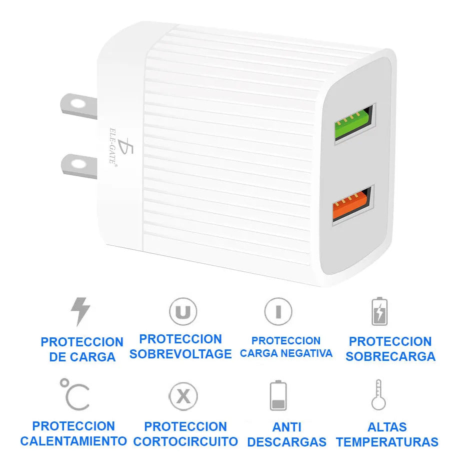 Cargador Qc 3.0 Rápido Para Celular Android 2 Usb 2.4a 24w