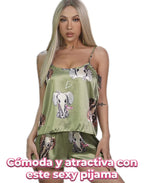 Pijama sexy de satén con estampado de elefantes para mujer verde musgo L