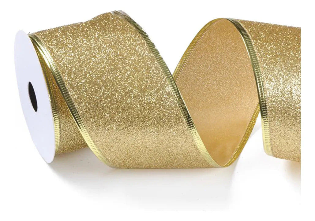 Listón De Tela Con Brillantina Rojo Verde Y Dorado