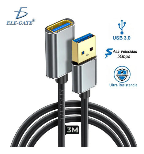 Cable Extensión Usb 3.0 Macho A Hembra 3 M 5 Gbps Negro Con Carcasas Metálicas