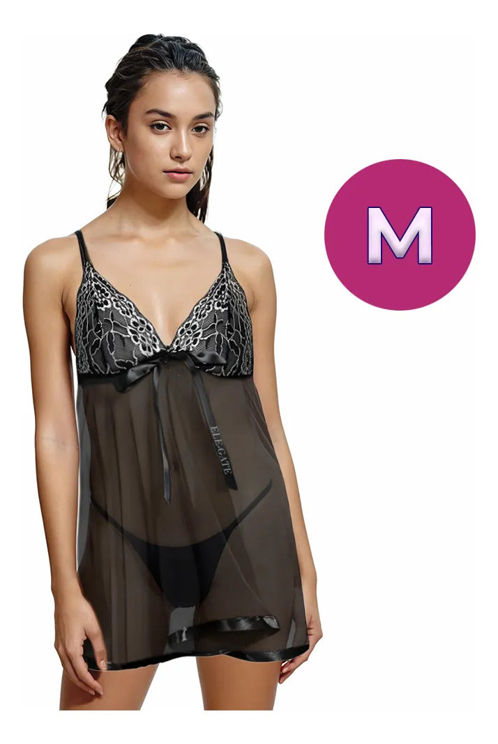 Baby doll coquete con encaje y transparencia - M