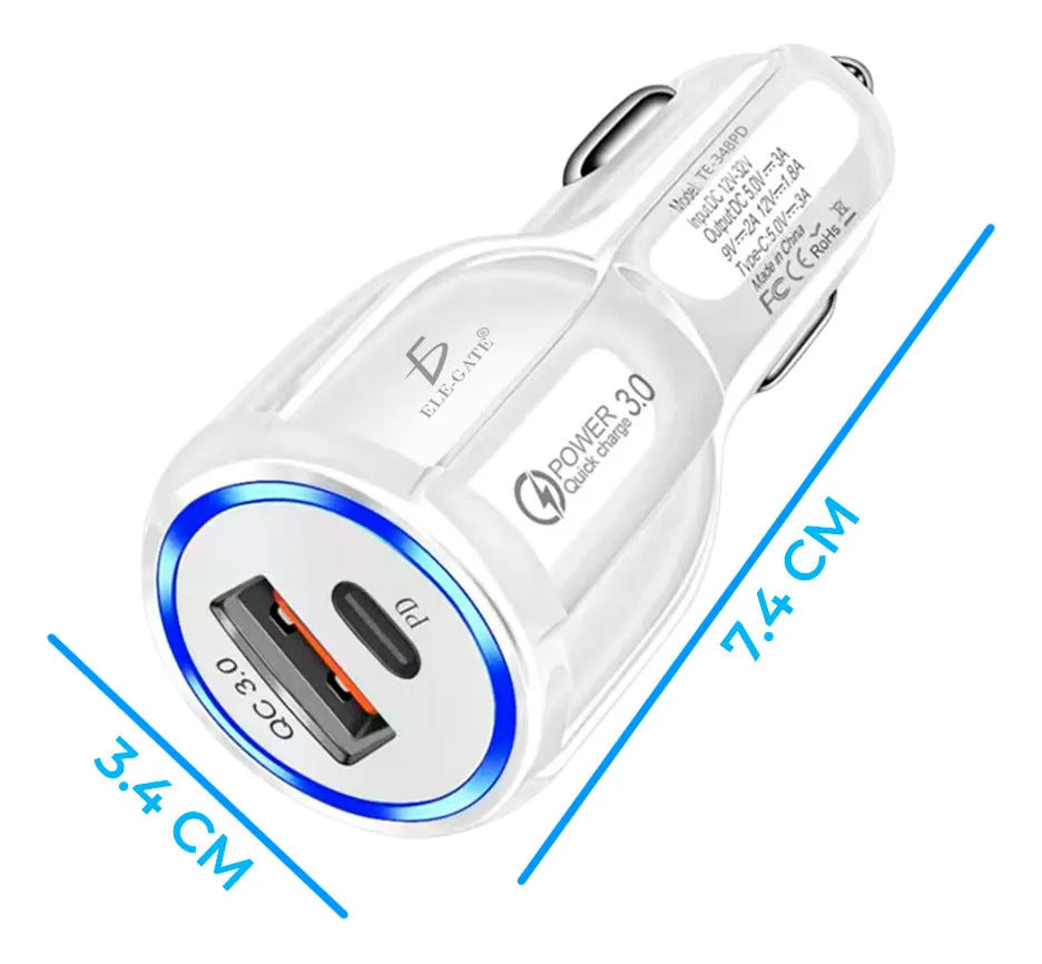 Cargador Auto Encendedor Usb Carga Rápida Qc3.0+pd Tipo C