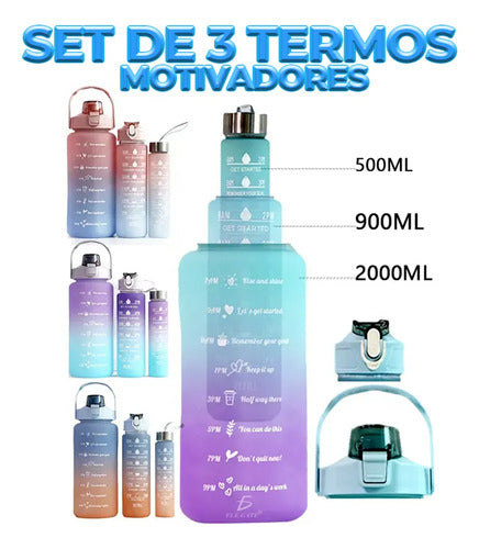Botellas Vasos 3en Trio Motivacional Agua Popote Gym