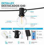 Guirnalda Solar G40 De 15 M Con 15 Focos Y Control Remoto Blanco Cálido