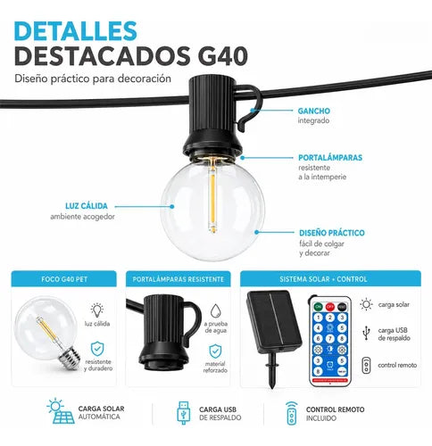 Guirnalda Solar G40 De 15 M Con 15 Focos Y Control Remoto Blanco Cálido