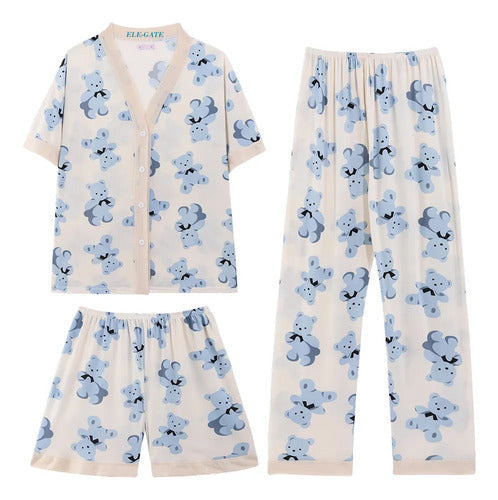 Set De Pijama De 3 Piezas Kawai Fresca Y Ligera Con Estilo Azul Xl