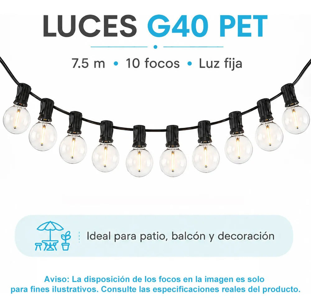 Guirnalda G40 De 7.5 M Con 10 Focos Luz Cálida Fija Y Negro