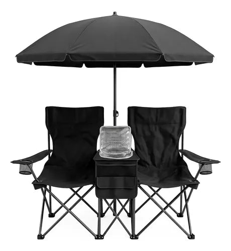 Silla Doble Plegable Con Sombrilla Desmontable Hielera Y