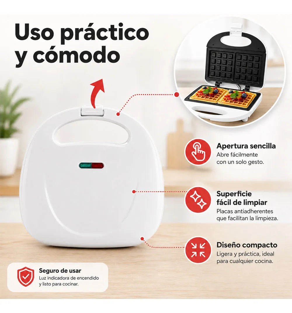 Waflera eléctrica compacta 800W antiadherente desayunos