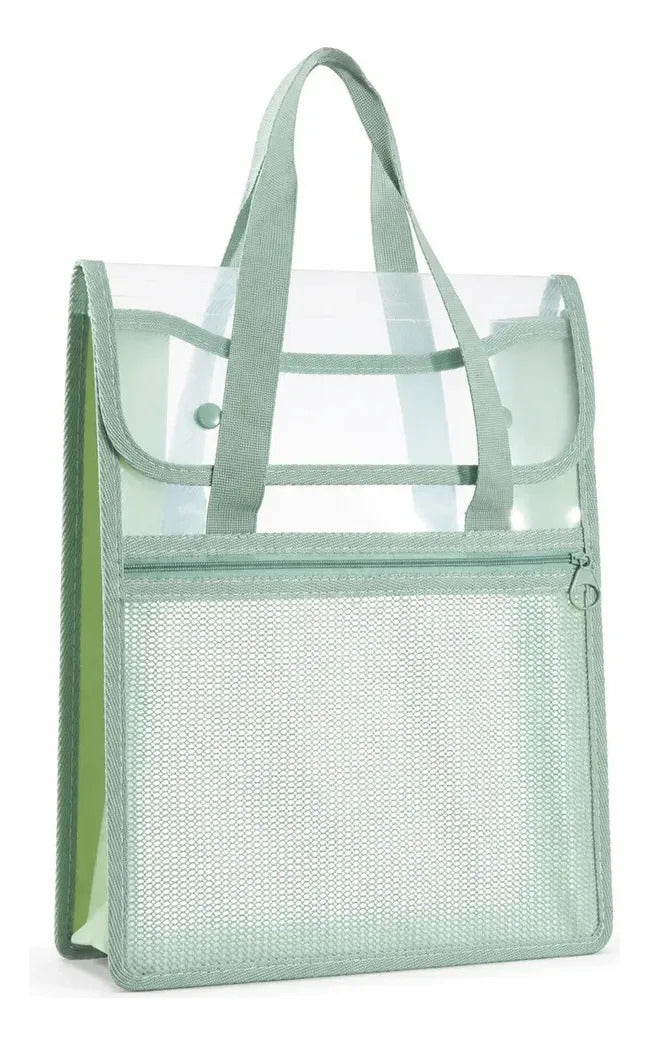 Bolsa organizadora transparente con asas y bolsillo frontal rosa
