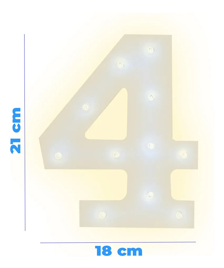 Número 4 luminoso LED 3D de luz cálida