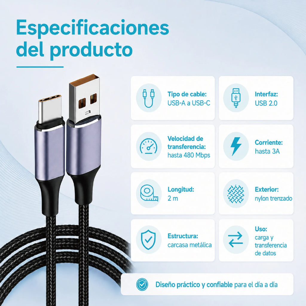 Cable Usb-a A Usb-c De 2m Nylon Trenzado Carga 3a Y