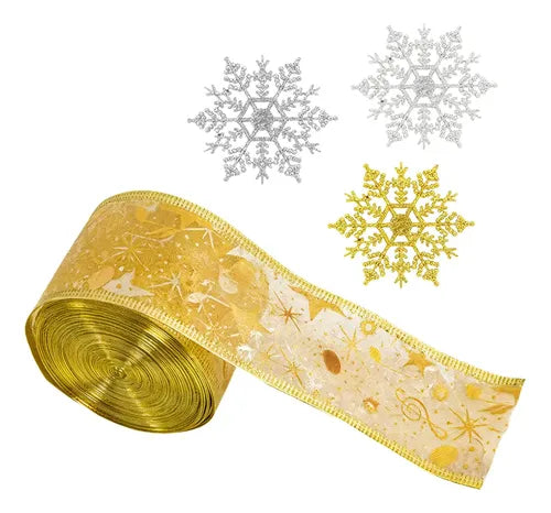 Listón Navideño Dorado Transparente Con Motivos Navideños Y
