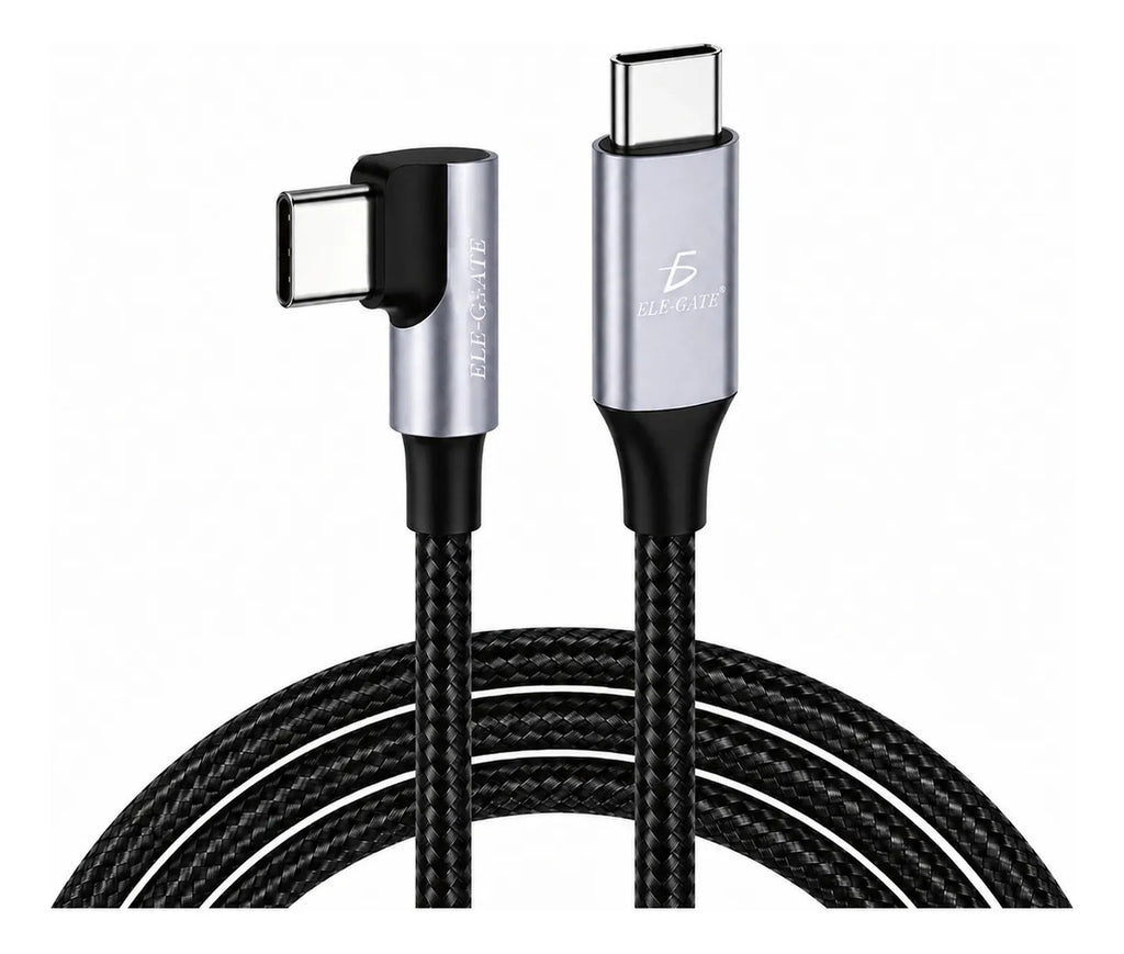 Cable USB-C a USB-C ángulo 90 de 2m carga rápida 100 W negro con conectores metálicos en tono plateado/lila