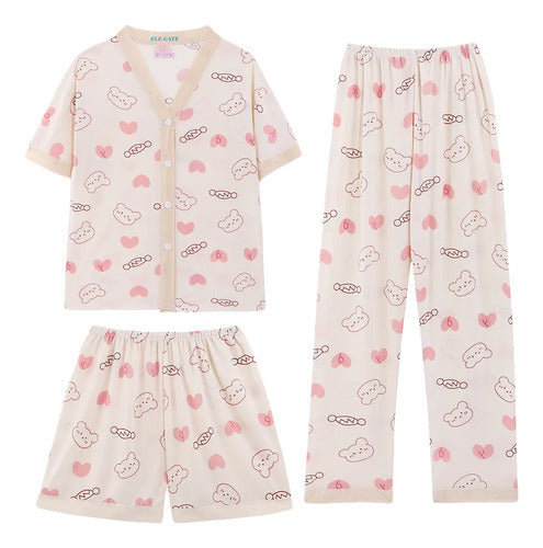 Set De Pijama De 3 Piezas Kawai Fresca Y Ligera Con Estilo Crema Xxl