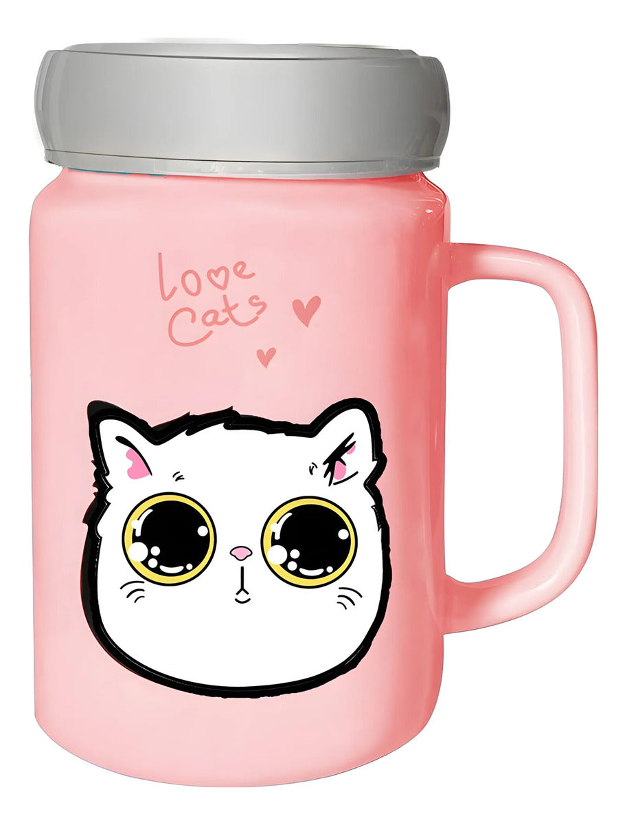 Taza De Cerámica Con Tapa Metálica Y Tipo Espejo Dibujo De