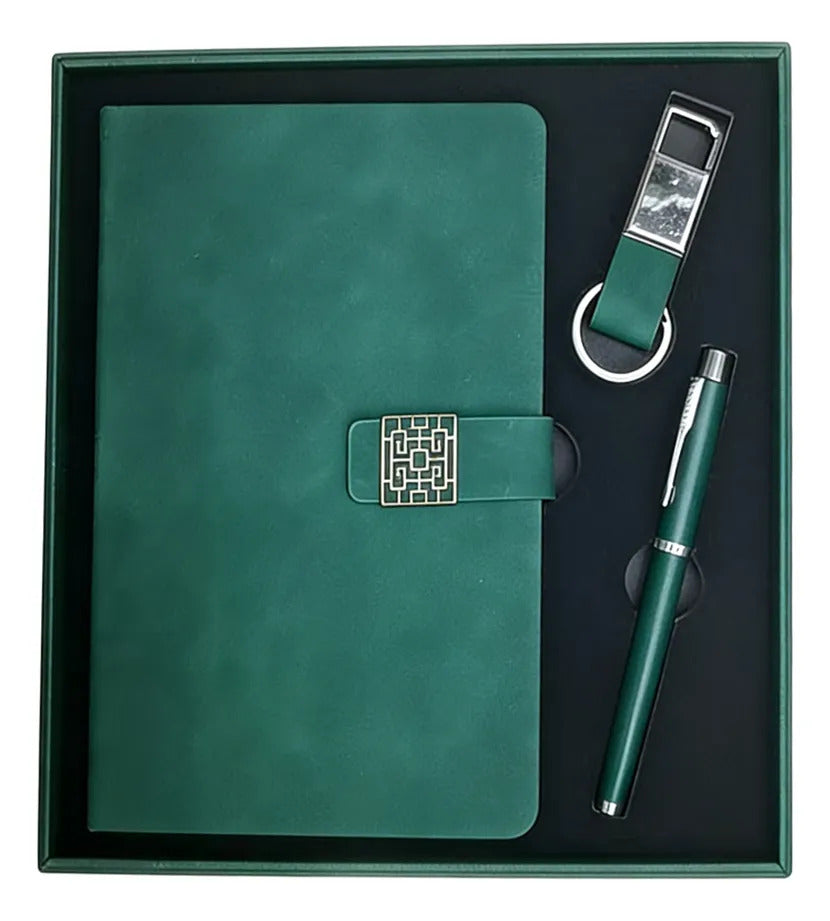 Set De Regalo Verde Esmeralda Con Libreta, Pluma Y Llavero