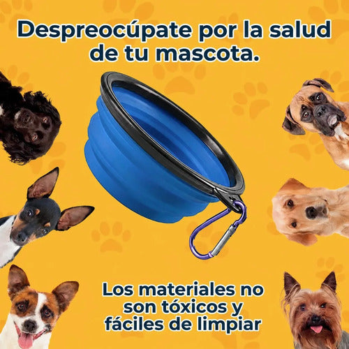 Tazón Plegable Portátil De Silicona 350ml Con Mosquetones Azul