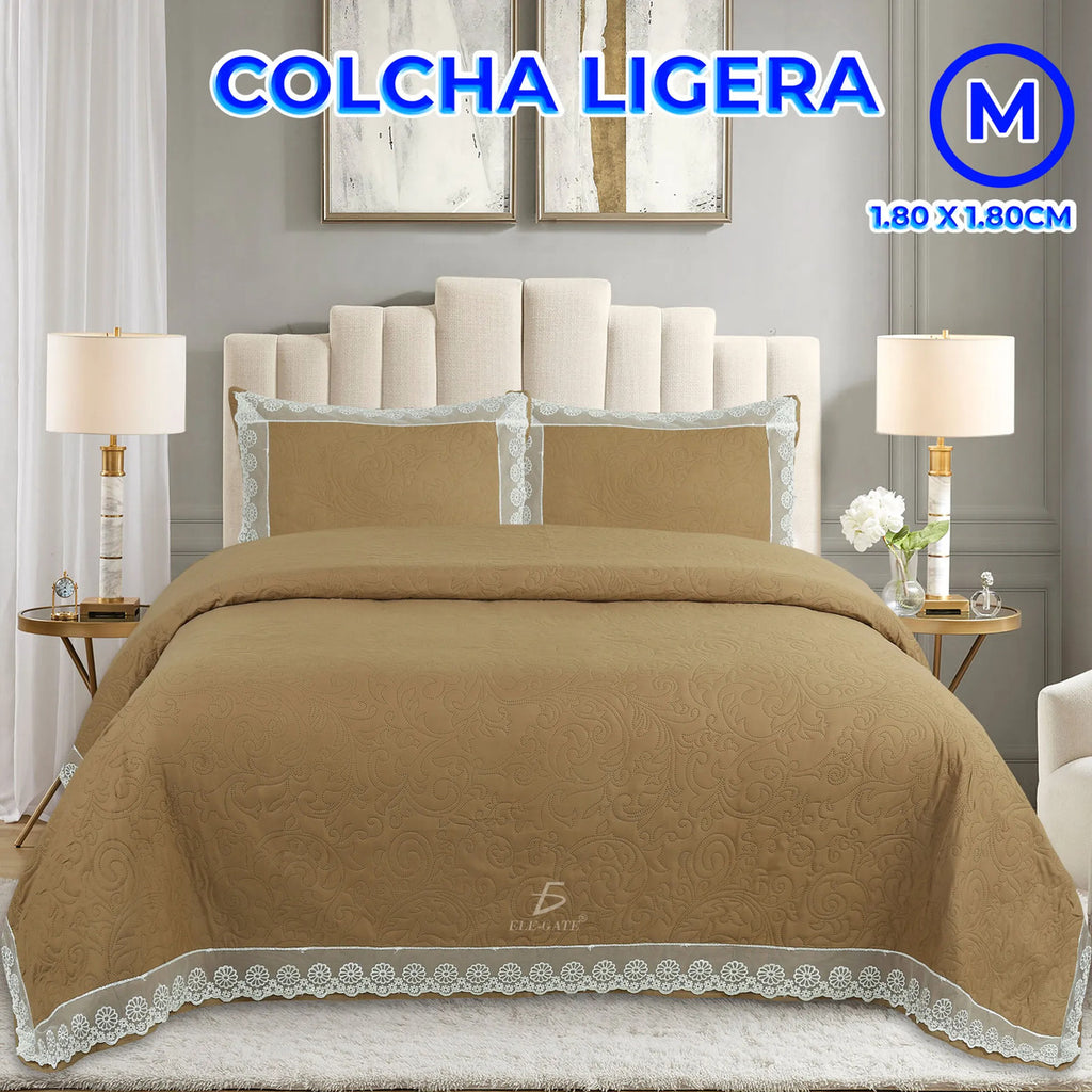 Colcha caqui 180 x 220 cm con 2 fundas de almohada