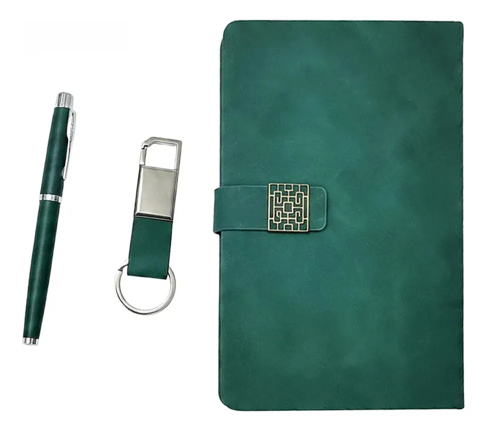 Set De Regalo Verde Esmeralda Con Libreta, Pluma Y Llavero