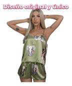 Pijama sexy de satén con estampado de elefantes para mujer verde musgo L