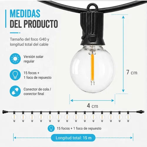 Guirnalda Solar G40 De 15 M Con 15 Focos Y Control Remoto Blanco Cálido