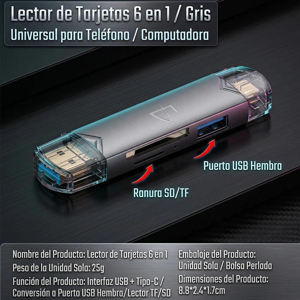 Lector De Tarjetas 6 En 1 Usb 3.0 Adaptador Sd Microsd Tf