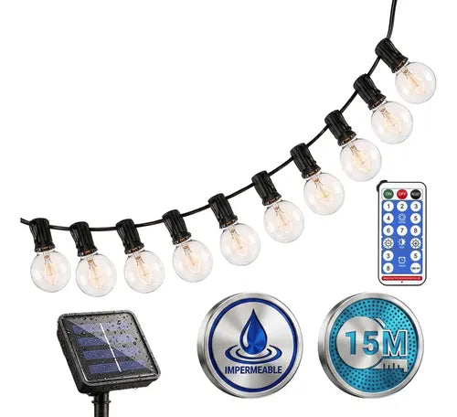 Guirnalda Solar G40 De 15 M Con 15 Focos Y Control Remoto Blanco Cálido
